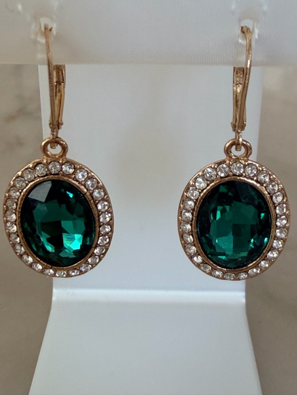 Vtg Monet Gold Tone Emerald Green Glass and Rhinestone Halo Drop Earrings